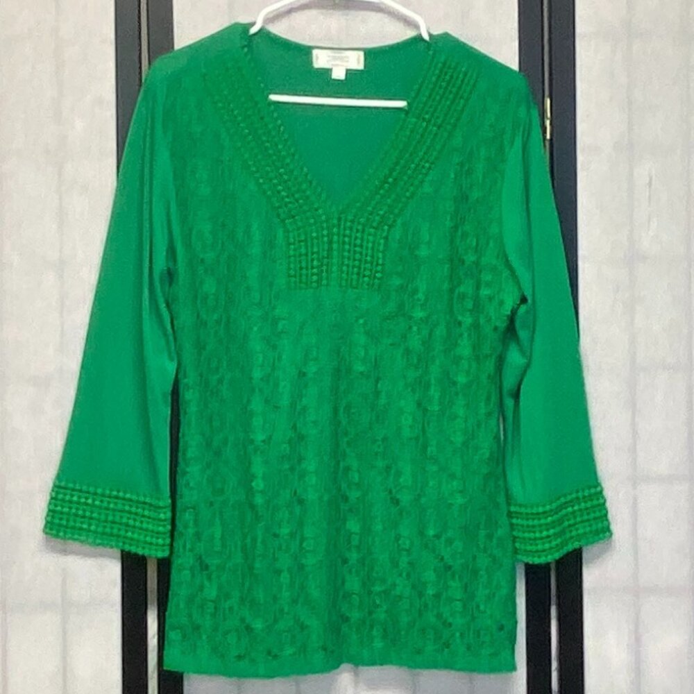 Shannon Ford NY Green Boucle V Neck Lace Overstitch Long Sleeve Lined Blouse L